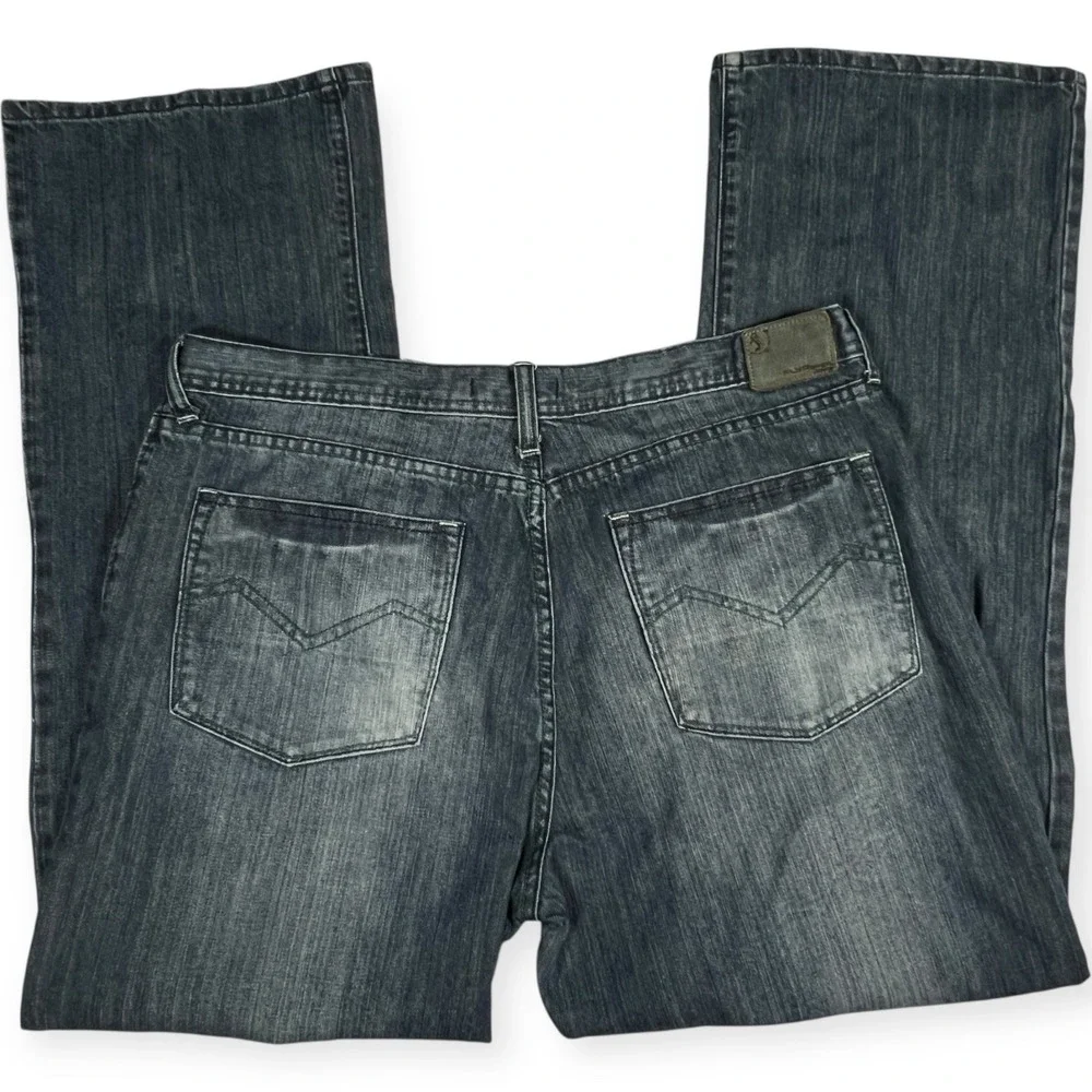 Flypaper‎ Jeans Mens 38x32 Blue Distressed Bootcut Denim Whiskered Green Thread